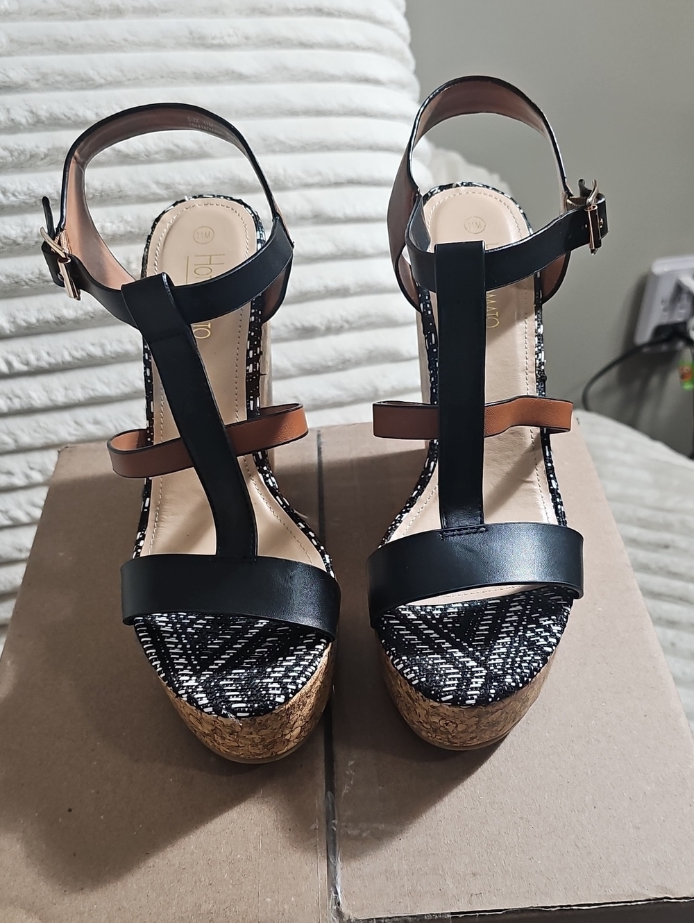 Hot Tomato Black and Tan T-Strap Sandals with Patterned Toe